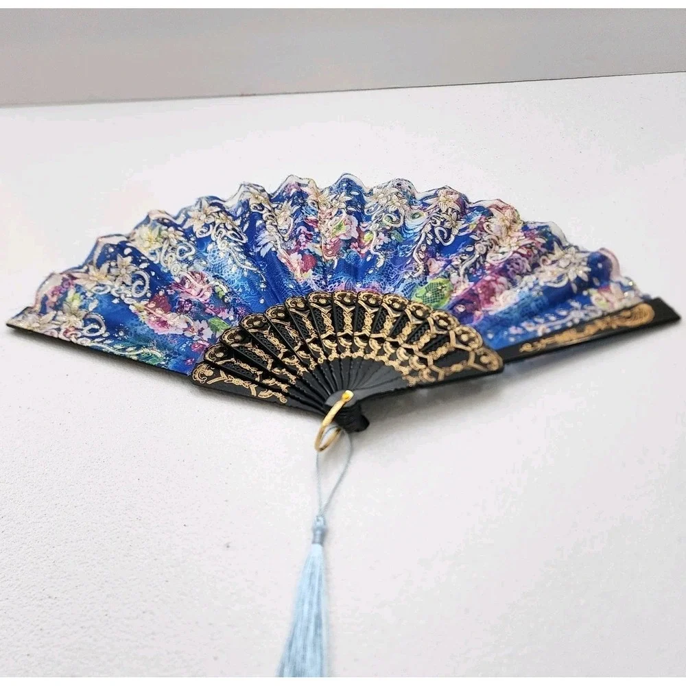 Vintage Japanese Flora Handheld Fan 2 Piece BLUE AND PINK